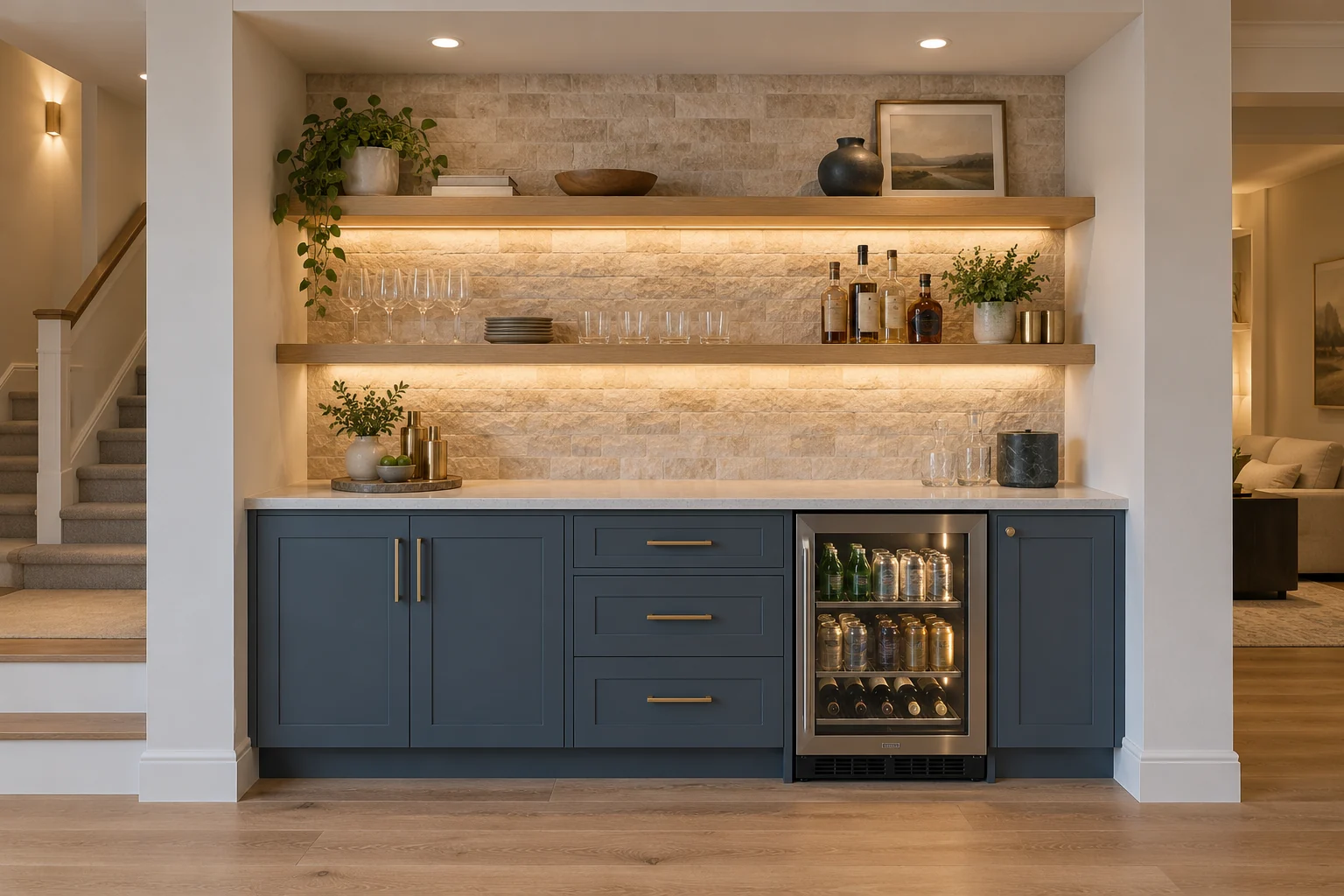 Design concept: Navy bar cabinetry beneath open oak shelves and a softly lit stone backsplash.