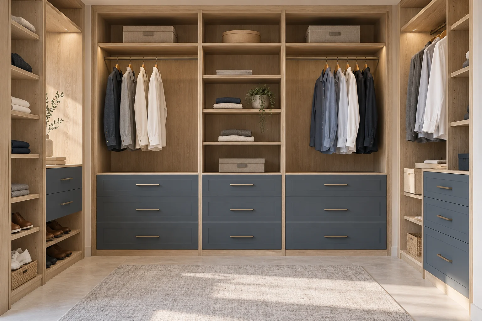 Design concept: Light oak walk-in wardrobe with open shelving, navy drawers and soft natural daylight.