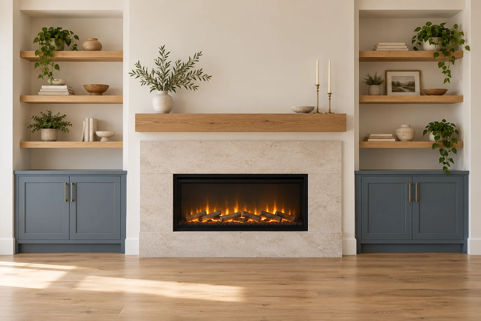 Design concept: Pale stone fireplace framed by oak shelves and navy built-in cabinetry.