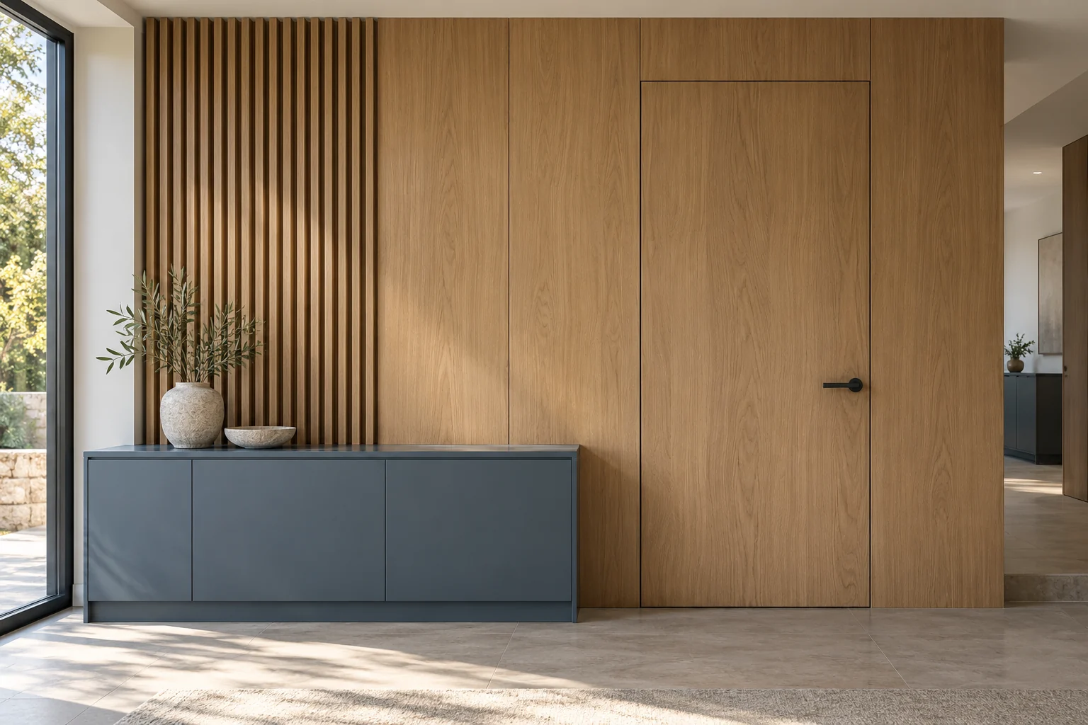 Design concept: Oak wall panels and a flush timber door beside a low navy cabinet.
