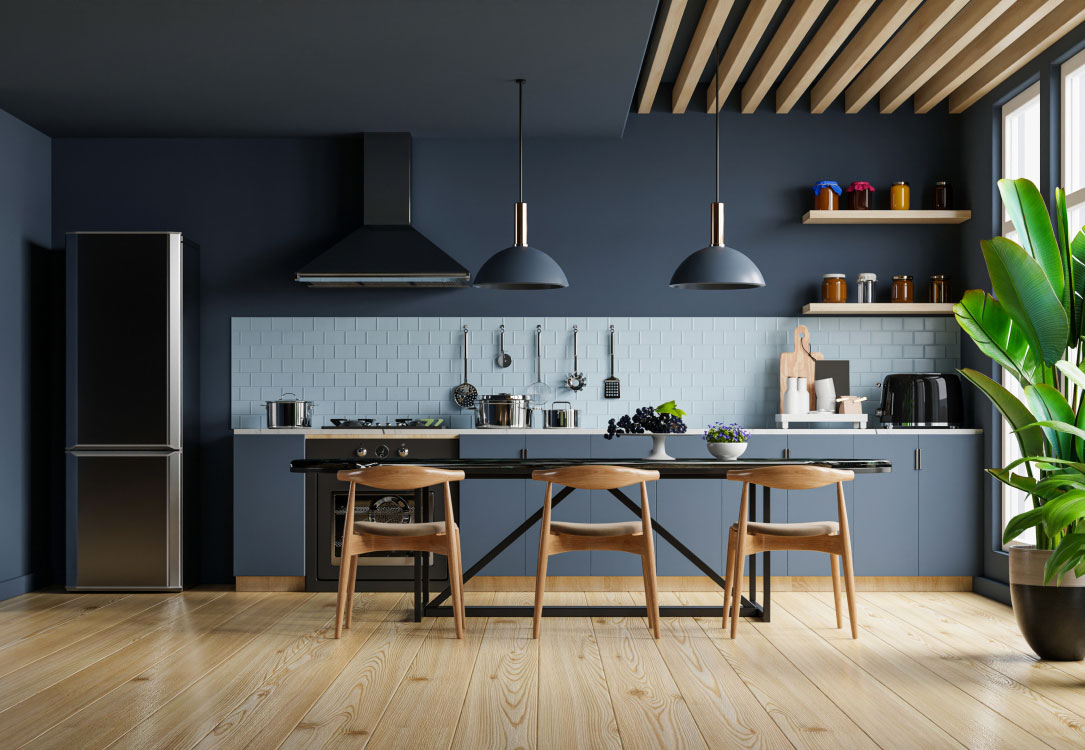 Original Timberry homepage kitchen: dark blue-gray cabinets, light natural oak and architectural wood ceiling